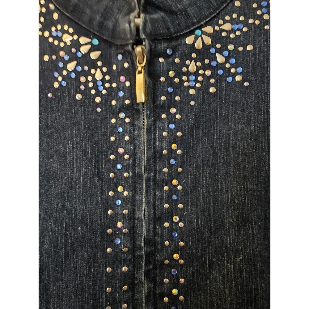 Samantha Grey Womens Dark Wash Embellished Rhinestone Zip Front Denim Jacket 18 - Picture 5 of 10